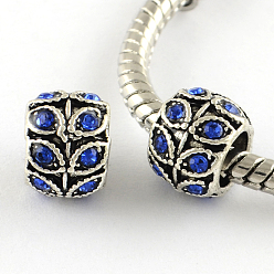 Sapphire Antique Silver Plated Alloy Rhinestone Large Hole European Beads, Rondelle with Leaf, Sapphire, 9x7mm, Hole: 5mm