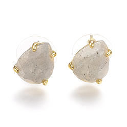 Labradorite Natural Labradorite Stud Earrings, with Golden Tone Brass Findings, Faceted Teardrop, 13.5~14x10.5mm, Pin: 0.8mm