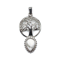 Howlite Natural Howlite Teardrop Pendants, Tree of Life Charms with Platinum Plated Metal Findings, 49x26mm