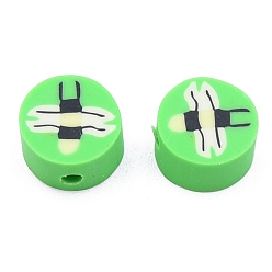 Lime Handmade Polymer Clay Beads, Flat Round with Fly Pattern, Lime, 9x5mm, Hole: 1.8mm