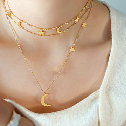 P896 - Golden Double Layer Necklace Romantic Double-layered Star and Moon Pendant Necklace Set for Women