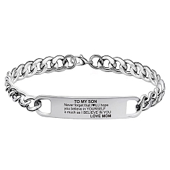 Stainless Steel Color Rectangle with Word Stainless Steel Link Bracelet with Curb Chains, Stainless Steel Color, 8-1/4 inch(21cm)