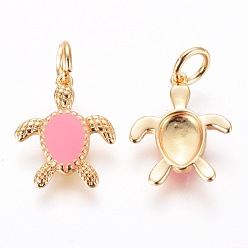 Бледно-Розовый Латунные подвески, с эмалью, черепаха, золотые, розовый жемчуг, 16.5x13.5x2 мм, отверстие : 4 мм