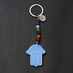 Opalite Porte-clés chakra opalite, avec des porte-clés fendus en fer et des breloques rondes plates en alliage, Hamsa main, 11.5 cm