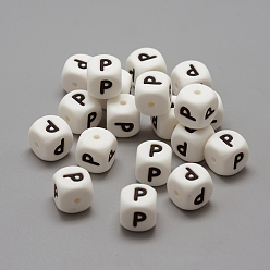 Белый Пищевые экологически чистые силиконовые бусины, горизонтальное отверстие, изготовление ожерелий diy, стиль письма, кубические, letter.p, 12x12x12 мм, отверстие : 2 мм
