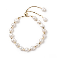 Floral White Dyed Natural Pearl & Brass Round Beaded Slider Bracelet, Adjustable Bracelet with Golden 304 Stainless Steel Box Chains for Women, Floral White, Inner Diameter: 1-3/4~3 inch(4.5~7.5cm)