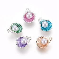 Mixed Color Alloy Enamel Pendants, with Acrylic Pearl Beads, Shell, Mixed Color, 15x11.5x7mm, Hole: 1.4mm