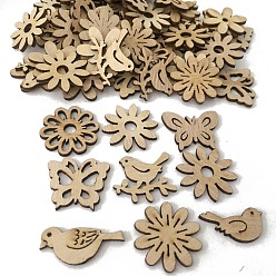 BurlyWood Unfinished Wood Pendant Decorations, for Christmas Ornaments, Bird/Flower/Butterfly, BurlyWood, 30mm, 50pcs/bag
