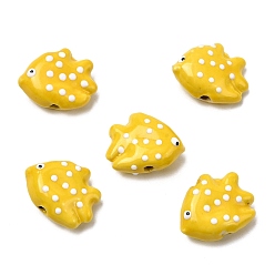 Gold Handmade Porcelain Beads, Hand Painted Ceramic Beads, Polka Dot Fish, Famille Rose Porcelain, Gold, 16.5x19.5~20.5x8.5~9.5mm, Hole: 1.8~2mm
