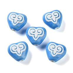 Темно-Голубой Печатные ручной фарфоровые бусы, сердце с символами, глубокое синее небо, 16~16.5x16.5~17.5x9~9.5 мм, отверстие : 1.8~2 мм