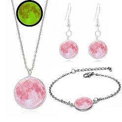 Pink Alloy & Glass Moon Effect Luminous Jewerly Sets, Including Bracelets, Earring and Necklaces, Pink