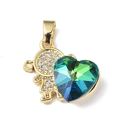 Medium Turquoise Real 18K Gold Plated Rack Plating Brass Micro Pave Clear Cubic Zirconia Pendants, with Glass, Long-Lasting Plated, Cadmium Free & Lead Free, Girl with Heart Charm, Medium Turquoise, 20.8x17x8mm, Hole: 6x3mm