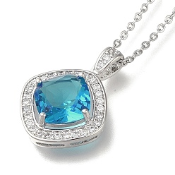 Темно-Голубой 304 из нержавеющей стали кабель цепи ожерелья, латунные прозрачные кубические цирконии ромбовидные подвески ожерелья, платины и нержавеющая сталь цвет, глубокое синее небо, 17.72 дюйм (45 см)