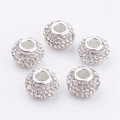 Crystal Grade A Rhinestone European Beads, Large Hole Beads, Resin, with Silver Color Plated Brass Core, Rondelle, Crystal, 15x10mm, Hole: 5mm