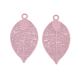 Pink 430 Stainless Steel Filigree Pendants, Spray Painted, Etched Metal Embellishments, Leaf, Pink, 38x19x0.4mm, Hole: 2.4mm