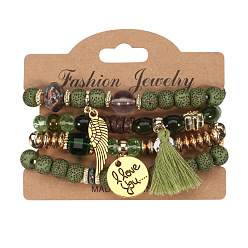 HY-2594-1 Green Bohemian Style Multi-layered Bracelet with Wing Element and Bodhi Beads for Women