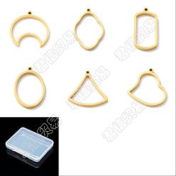 Real 24K Gold Plated 6Pcs 6 Styles Ion Plating(IP) 304 Stainless Steel Open Back Bezel Pendants, For DIY UV Resin, Epoxy Resin, Pressed Flower Jewelry, Moon & Flower & Oval & Ginkgo Leaf & Heart & Rectangle, Real 24K Gold Plated, 32~38x17~32x3mm, Hole: 2mm, 1pc/style