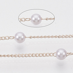 Rose Gold Handmade Brass Chains, with Round ABS Plastic Imitation Pearl Beads, Soldered, with Spool, Creamy White, Rose Gold, 2x1.2x0.4mm, about 39.37 Feet(12m)/roll