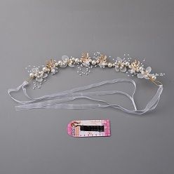 White Wedding Party Beach Bridal Decorative Hair Accessories, Alloy Flower Headbands, with Plastic Beads, White, 380~383x33x14mm