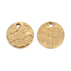 Golden Ion Plating(IP) 304 Stainless Steel Charms, Textured, Laser Cut, Flat Round, Golden, 10x1mm, Hole: 1.4mm