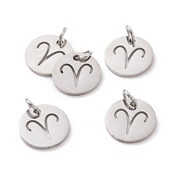 Aries 304 Stainless Steel Charms, Flat Round with Constellation/Zodiac Sign, Aries, 12x1mm, Hole: 3mm
