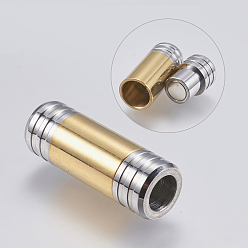 Golden & Stainless Steel Color 304 Stainless Steel Magnetic Clasps with Glue-in Ends, Column, Golden & Stainless Steel Color, 28x10mm, Hole: 6mm