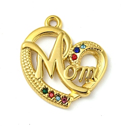 Colorful Ion Plating(IP) Real 18K Gold Plated 304 Stainless Steel Rhinestone Pendants, Heart with Word Mom Charms, for Mother's Day, Colorful, 21x18.5x2mm, Hole: 1.4mm