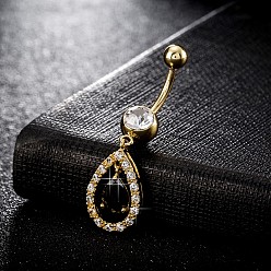Black Piercing Jewelry, Brass Cubic Zirconia Navel Ring, Belly Rings, with 304 Stainless Steel Bar, Cadmium Free & Lead Free, Real 18K Gold Plated, teardrop, Black, 43x12mm, Bar Length: 3/8"(10mm), Bar: 14 Gauge(1.6mm)