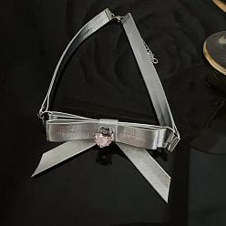 Type A Cool Leather Choker Necklace with Silver Rhinestone Butterfly Bow - Trendy