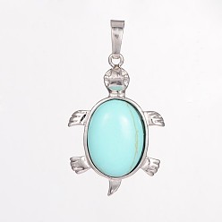 Synthetic Turquoise Tortoise Gemstone Pendants, with Brass Findings, Cadmium Free & Lead Free, Platinum, Cyan, 33.5x22x7mm, Hole: 5mm