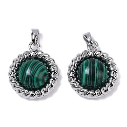 Малахит Латунь с подвесками из драгоценных камней, плоско-круглые, 20.5x17x6.5 мм, отверстие : 4x2 мм
