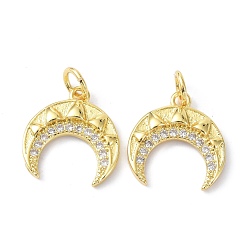 Real 18K Gold Plated Brass Micro Pave Cubic Zirconia Charms, with Jump Ring, Long-Lasting Plated, Lead Free & Cadmium Free, Double Horn/Crescent Moon, Real 18K Gold Plated, 14.5x14x2.5mm