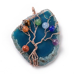 Cadet Blue Natural Agate Big Pendants, with Rack Plating Brass Wires, Chakra Gemstone Beads, Cadmium Free & Lead Free, Dyed & Heated, Nuggets with Tree, Rose Gold, Cadet Blue, 58~62x37~47x13~14mm, Hole: 4~6mm