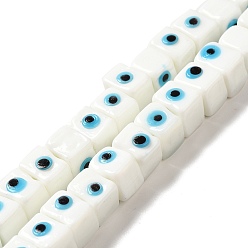 White Handmade Evil Eye Lampwork Beads Strands, Cuboid, White, 8~8.5x9.5~10x10~11mm, Hole: 3.7mm, about 40pcs/strand, 12.68 inch(32.2cm)
