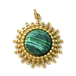 Malachite Ion Plating(IP) 304 Stainless Steel Pave Faceted Synthetic Malachite Pendants, Sun Charms, Real 14K Gold Plated, 22x19.5x5mm