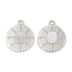 Нержавеющая Сталь Цвет 304 подвески из натуральной белой ракушки из нержавеющей стали, плоские круглые прелести, цвет нержавеющей стали, 21.5x17.5x2 мм, отверстие : 1.5 мм