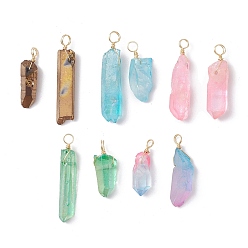 Light Gold Electroplated Natural Quartz Crystal Pendants, Nuggets Charms with Eco-Friendly Copper Wire, Dyed, Light Gold, 25~38x7~10x4.5~8mm, Hole: 3.5~4.5mm