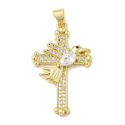 Real 18K Gold Plated Rack Plating Brass Micro Pave Cubic Zirconia Pendants, Long-Lasting Plated, Lead Free & Cadmium Free, Cross with Bird Charms, Religion, Real 18K Gold Plated, 32x19x4mm, Hole: 5x3mm