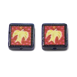 Champagne Yellow Printed Handmade Porcelain Beads, Square, Champagne Yellow, 15~15.5x15~15.5x7.5~8mm, Hole: 2mm