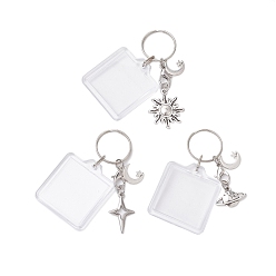 Античный Серебристый & Платиновый 3шт. акриловый брелок, с подвеской из сплава и железными кольцами, разнообразные, звезда, солнце, планета, старинное серебро и платина, 69~73 мм, 3 шт / комплект