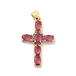 Cerise Rack Plating Brass Micro Pave Cubic Zirconia Pendants, Long-Lasting Plated, Lead Free & Cadmium Free, Cross, Real 18K Gold Plated, Religion, Cerise, 29.5x19x3.5mm, Hole: 3.5x4mm