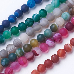 Mixed Color Natural Grade A Striped Agate/Banded Agate Beads Strands, Dyed & Heated, Frosted, Round, Mixed Color, 10mm, Hole: 1.2mm, about 47pcs/strand, 14.9 inch(38cm)