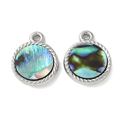 Нержавеющая Сталь Цвет 304 подвески из натуральной ракушки пауа из нержавеющей стали, плоские круглые прелести, цвет нержавеющей стали, 16x13x3 мм, отверстие : 1.5 мм