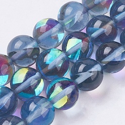 Steel Blue Synthetic Moonstone Beads Strands, Holographic Beads, Round, Steel Blue, 10mm, Hole: 1mm, about 39pcs/strand, 15.16 inch(38.5cm)