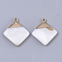 Seashell Color Natural Freshwater Shell Pendants, with Top Golden Plated Brass Loops, Rhombus, Seashell Color, 23x20x3mm, Hole: 1.8mm, Diagonal Length: 23mm, Side Length: 15mm