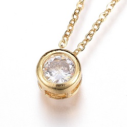 Golden 304 Stainless Steel Pendant Necklaces, with Cubic Zirconia, Flat Round, Clear, Golden, 17.7 inch(45.2cm)