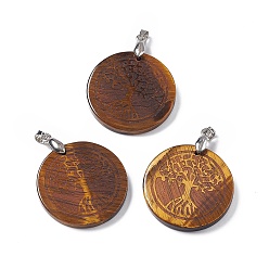 Tiger Eye Natural Tiger Eye Pendants, Flat Round Charms with Tree of Life Pattern, with Rack Plating Platinum Tone Brass Findings, Cadmium Free & Lead Free, 30x4~8mm, Hole: 4x4mm