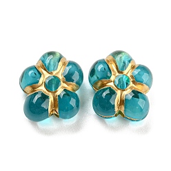 Medium Turquoise Plating Transparent Acrylic Beads, Golden Metal Enlaced, Flower, Medium Turquoise, 14.5x13.5x7mm, Hole: 1.8mm, about 495pcs/500g