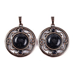 Камень с Пылевым Золотом Синтетический синий авантюрин подвески, покрытие стойки латунные полые плоские круглые подвески, без кадмия и без свинца, Красная медь, 36.5x33x9.5 мм, отверстие : 7.5x5 мм