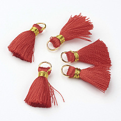 Red Nylon Tassel Pendant Decoration, with Brass Findings, Golden, Red, 23~27x5mm, Hole: 4mm